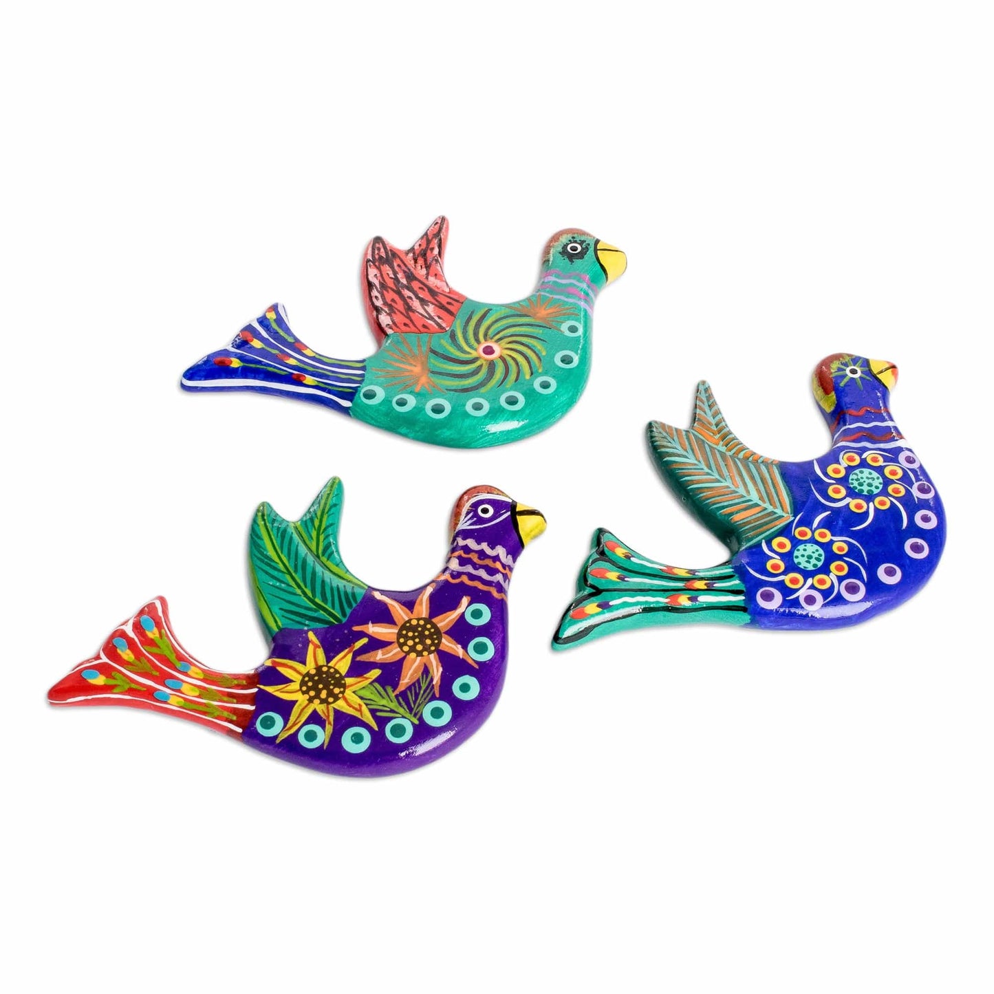3 Dove Ceramic Magnets with Hand-Painted Floral Accents - Cheerful Doves