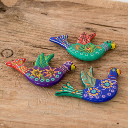 3 Dove Ceramic Magnets with Hand-Painted Floral Accents - Cheerful Doves