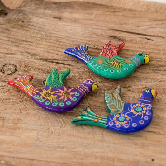 3 Dove Ceramic Magnets with Hand-Painted Floral Accents - Cheerful Doves