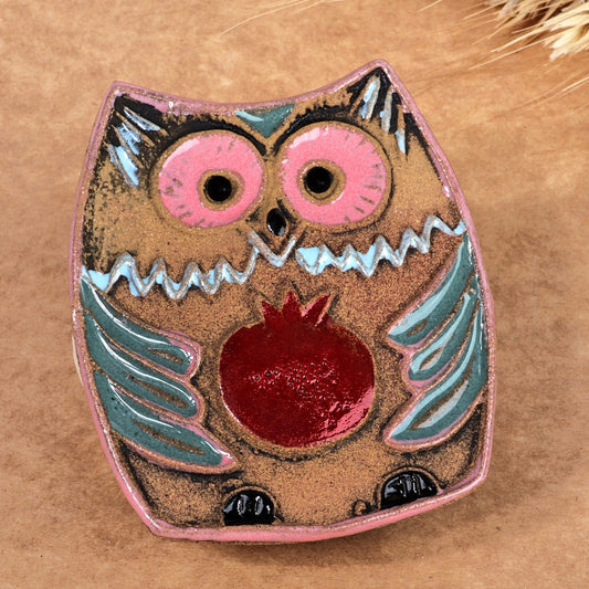 Armenian Hand-Painted Owl with Pomegranate Ceramic Magnet - Pomegranate Owl