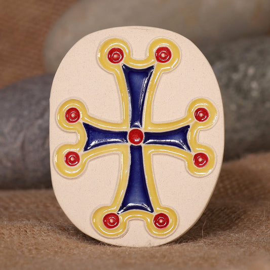 Armenian Cross-Themed Folk Art Glazed Oval Ceramic Magnet - Sacred Blue