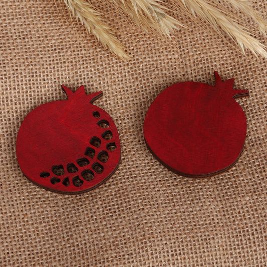 Artisan Hand-Carved 2-Piece Red Pomegranate Wood Magnet Set - Pomegranate Signals